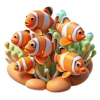 dramatic minimalist A school of vibrant clownfish swimming amongst coral reefs, underwater photography style with bright lighting high resolution png