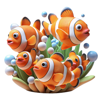 serene minimalist A school of vibrant clownfish swimming amongst coral reefs, underwater photography style with bright lighting high resolution png