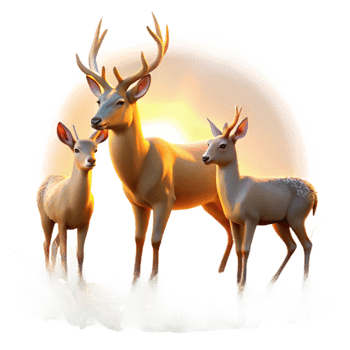impressive rustic A family of deer grazing in a meadow, golden hour lighting, impressionist painting style high resolution png