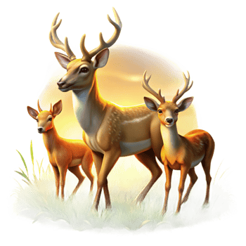 vibrant classic A family of deer grazing in a meadow, golden hour lighting, impressionist painting style high resolution png