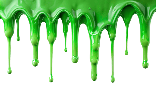 Closeup view of vibrant green slime dripping down, showcasing its gooey texture and glossy surface png