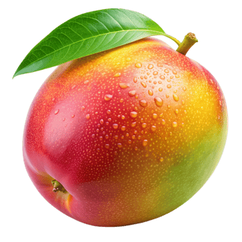 Single Ripe Mango with Water Droplets and Green Leaf png