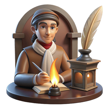 wonderful contemporary Portrait of a writer with a quill and parchment, lit by the warm glow of a fireplace, in a vintage style authentic png