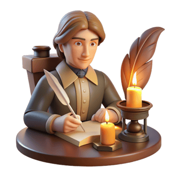 impressive vintage Portrait of a writer with a quill and parchment, lit by the warm glow of a fireplace, in a vintage style premium png