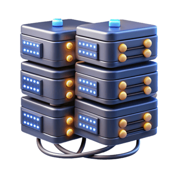 beautiful modern A network of interconnected servers with blinking lights and glowing cables, filling a dark room, lit by the flickering server lights, in a data center style 4K png