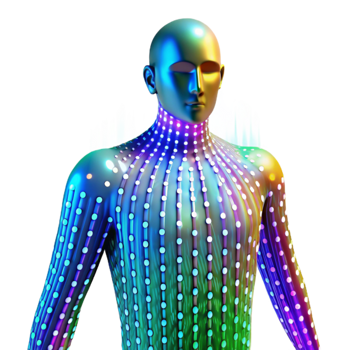 vibrant contemporary A stream of binary code flowing through a transparent, human-like figure, illuminated by a vibrant, multicolored light show, in a digital art style premium png