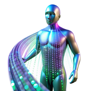 dramatic creative A stream of binary code flowing through a transparent, human-like figure, illuminated by a vibrant, multicolored light show, in a digital art style original png