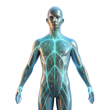 magnificent vintage A transparent human figure with glowing lines representing neural pathways, illuminated by a soft, bioluminescent light, in a medical visualization style exclusive png