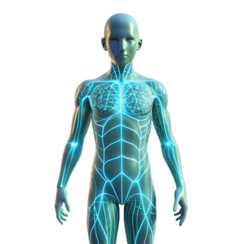 dramatic rustic A transparent human figure with glowing lines representing neural pathways, illuminated by a soft, bioluminescent light, in a medical visualization style professional png