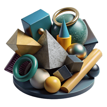wonderful modern A chaotic jumble of geometric shapes, with a variety of textures and materials, under a dramatic, chiaroscuro lighting original png