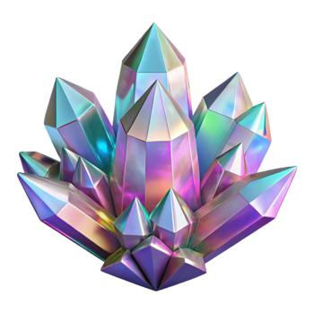 elegant contemporary A cluster of iridescent crystals, with intricate facets and realistic refractions, under a bright, sparkling light professional png