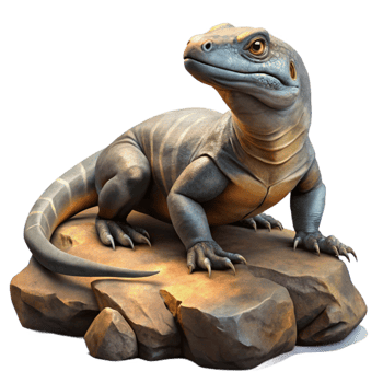 elegant artistic A Komodo dragon basking in the sun on a volcanic rock, harsh midday light, realistic digital painting 4K png