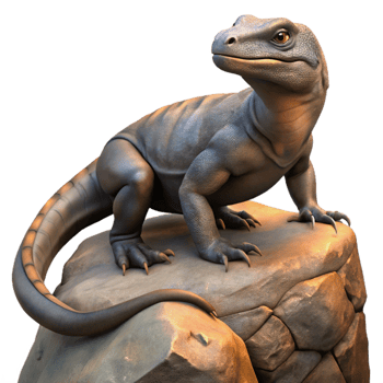 serene contemporary A Komodo dragon basking in the sun on a volcanic rock, harsh midday light, realistic digital painting genuine png