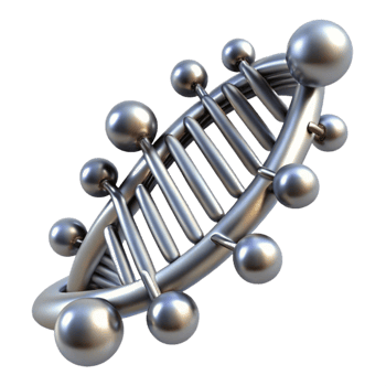 elegant creative A sleek, silver nanobot swarm forming the shape of a DNA double helix, illuminated by microscopic lasers, scientific visualization style detailed png