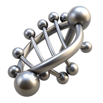 beautiful contemporary A sleek, silver nanobot swarm forming the shape of a DNA double helix, illuminated by microscopic lasers, scientific visualization style authentic png