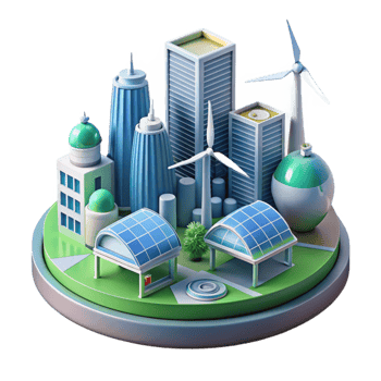 extraordinary creative A futuristic city powered by renewable energy, wind turbines and solar panels visible, utopian and environmentally friendly style high quality png