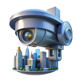 dramatic vintage A futuristic security camera, scanning a cityscape, surveillance and cyberpunk style exclusive png