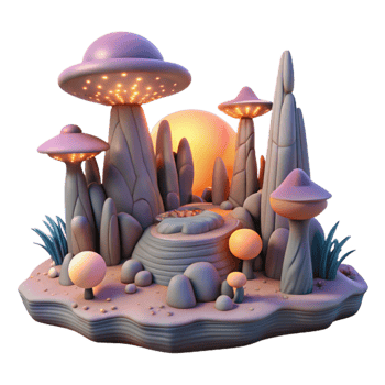 elegant traditional An alien landscape, strange rock formations and glowing plants, a double sunset in the sky. Surreal, otherworldly lighting genuine png