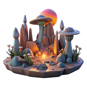 wonderful creative An alien landscape, strange rock formations and glowing plants, a double sunset in the sky. Surreal, otherworldly lighting authentic png