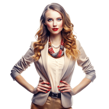 Stunning Blonde Woman in Beige Blazer and Red Nail Polish Fashion Portrait png
