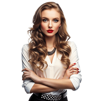 Stunning Woman with Long Curly Brown Hair Wearing a White Blouse and Stylish Accessories png
