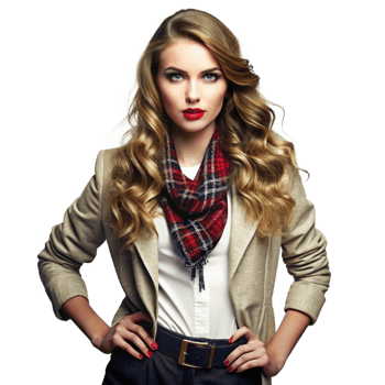 Stunning Blonde Woman in Beige Blazer and Red Plaid Scarf Fashion Portrait png