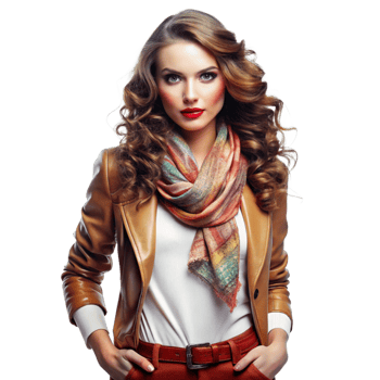 Stunning Woman with Curly Hair Wearing a Brown Leather Jacket and Colorful Scarf png