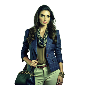 Stylish Woman in Blue Blazer and Green Pants Fashion Model Portrait png