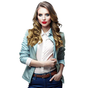 Stunning Blonde Woman in Light Blue Blazer and Jeans Fashion Portrait png