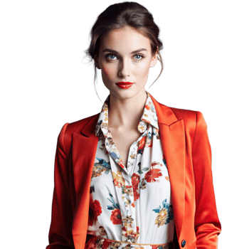 Stunning Woman in Red Blazer and Floral Shirt Portrait png