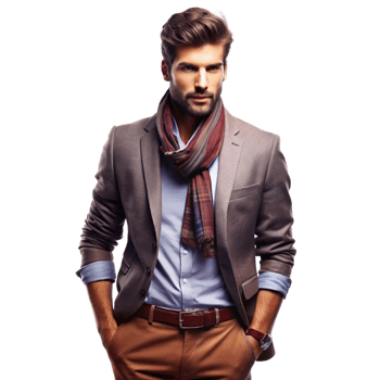A stylish man in a brown blazer, light blue shirt and brown pants, posing with hands in pockets png