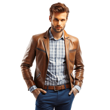 Handsome Man in Brown Leather Jacket and Blue Pants Stylish Casual Fashion Model png