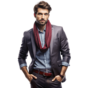 A Handsome Man in a Stylish Gray Suit and Red Scarf png