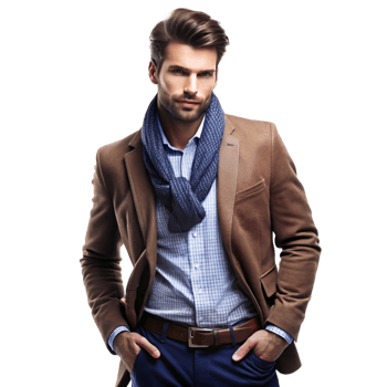A handsome man in a brown jacket and blue shirt with a stylish scarf png