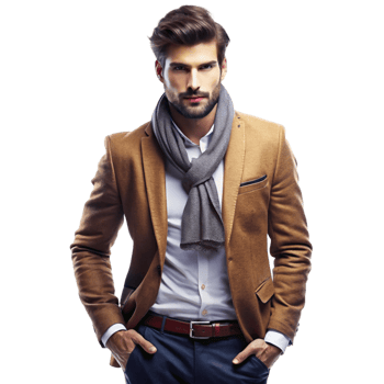 A handsome man in a stylish camel colored blazer and gray scarf png