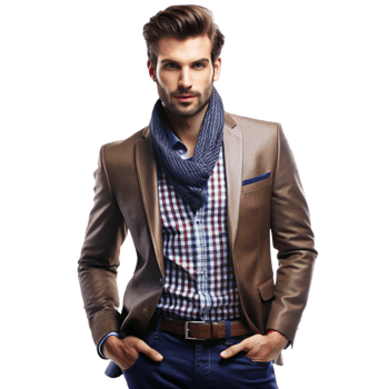 Attractive young man in brown jacket and blue jeans posing for a fashion shoot png