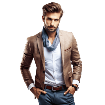 Portrait of a handsome stylish man in a brown blazer and blue pants png