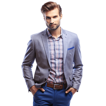 A handsome young man in a stylish grey blazer and blue pants, exuding confidence and sophistication png