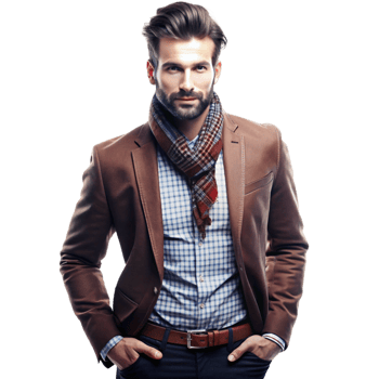 A dashing young man in a brown blazer and blue checkered shirt with a stylish scarf png