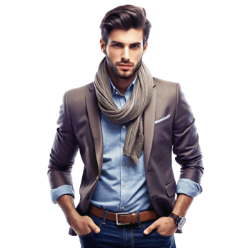 Stylish young man in brown blazer posing for fashion shoot png