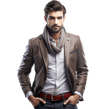 A handsome man in a brown blazer and light blue shirt with a gray scarf posing for a fashion photograph png