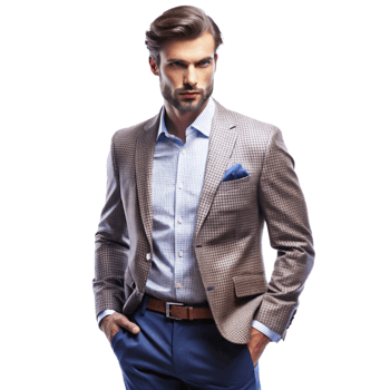 A stylish man in a brown checkered blazer and blue pants, striking a confident pose png