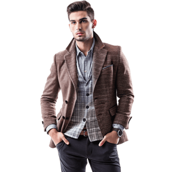 A handsome young man in a stylish brown textured jacket and checkered shirt png