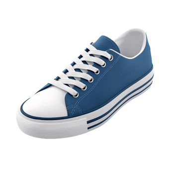 A blue and white shoe with a white sole. png