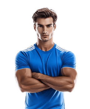 Fit Athlete in Blue Sportswear Posing Confidently in Studio png