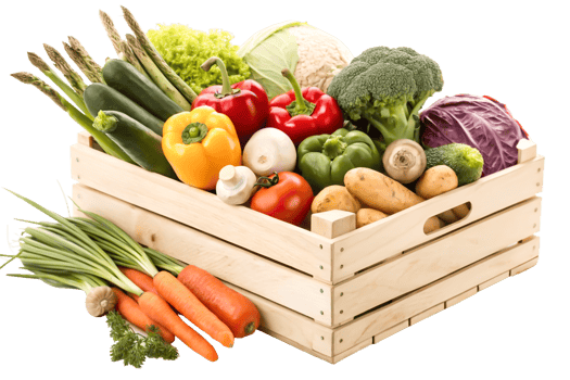 Fresh Organic Vegetables in Wooden Crate, Farmer's Market png