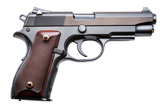 Detailed close up of a semi automatic handgun on white, perfect for visual design projects png