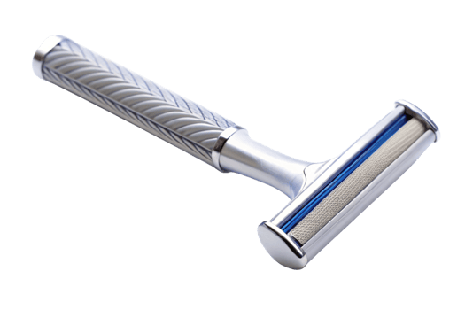 Classic safety razor showcasing a modern stainless steel build on white png