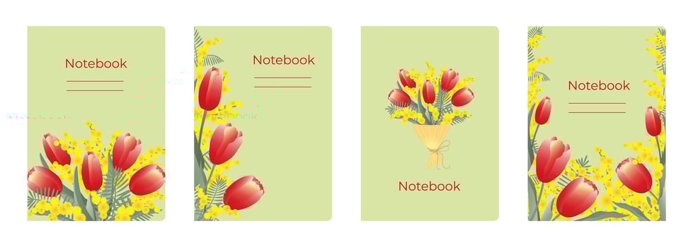 Set of cover designs for notebook, notepad, book, catalog with red tulips and mimosa flowers. Vertical format A4, A5. vector