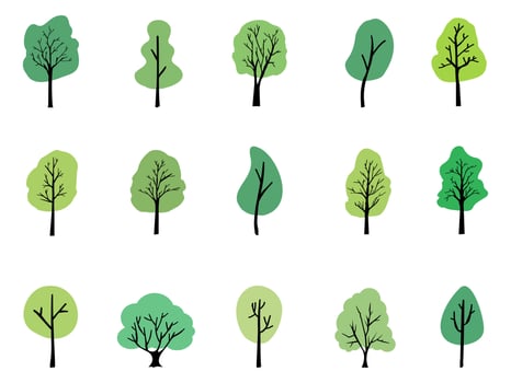 Collection of flat green trees Icon. vector